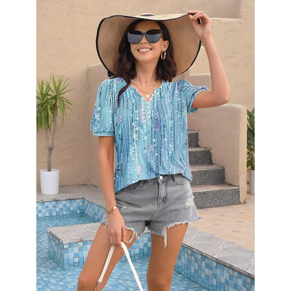 Women's Summer Blouse V Neck Button Short Sleeve Pleated Lace Top Casual - Picture 3 of 7